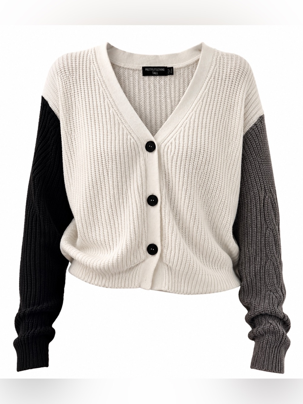 Colorblock V-Neck Button Cardigan - Cream, Black & Gray